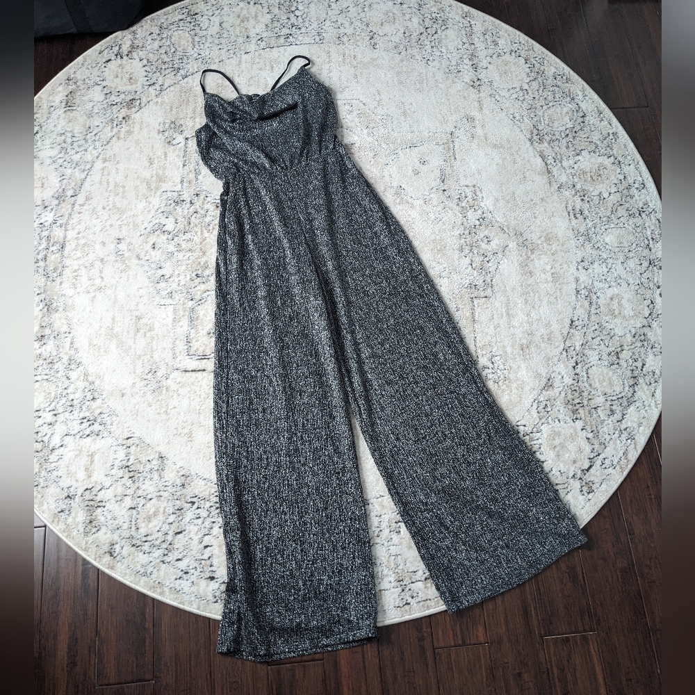 Black and silver sparkly wide leg cowl neck jumpsuit